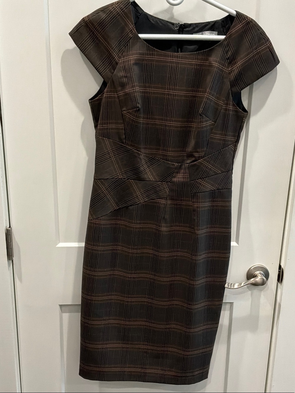 M&S UK Size 10 Women’s Brown Plaid Cap-Sleeve Sheath Dress Zip Lined